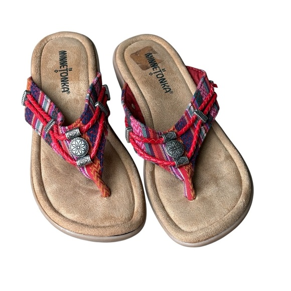 Minnetonka Silverthorne 360 Red Striped Womens Thong Sandals Size 6 Southwestern - Picture 10 of 10